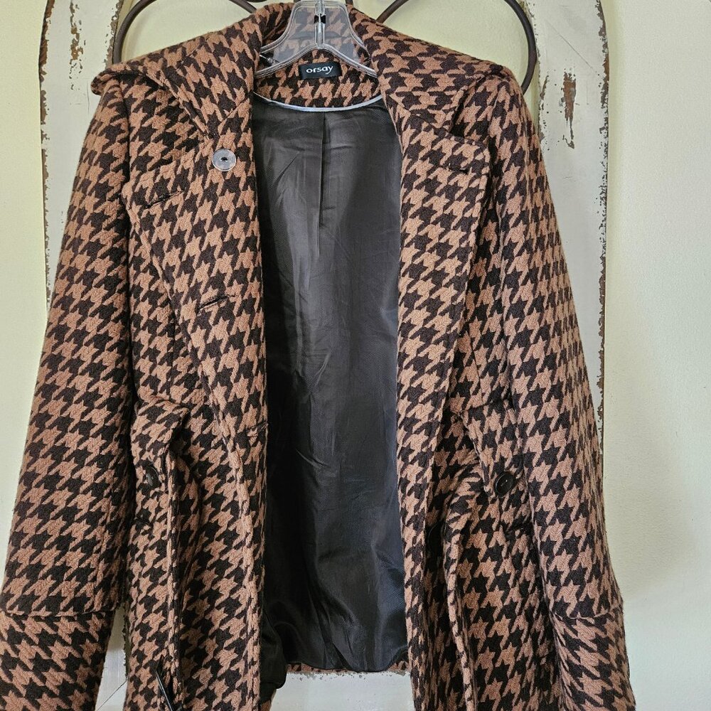Orsay Brown Tan Wool Blend Houndstooth Jacket/ Coat Size 6 - Picture 7 of 10
